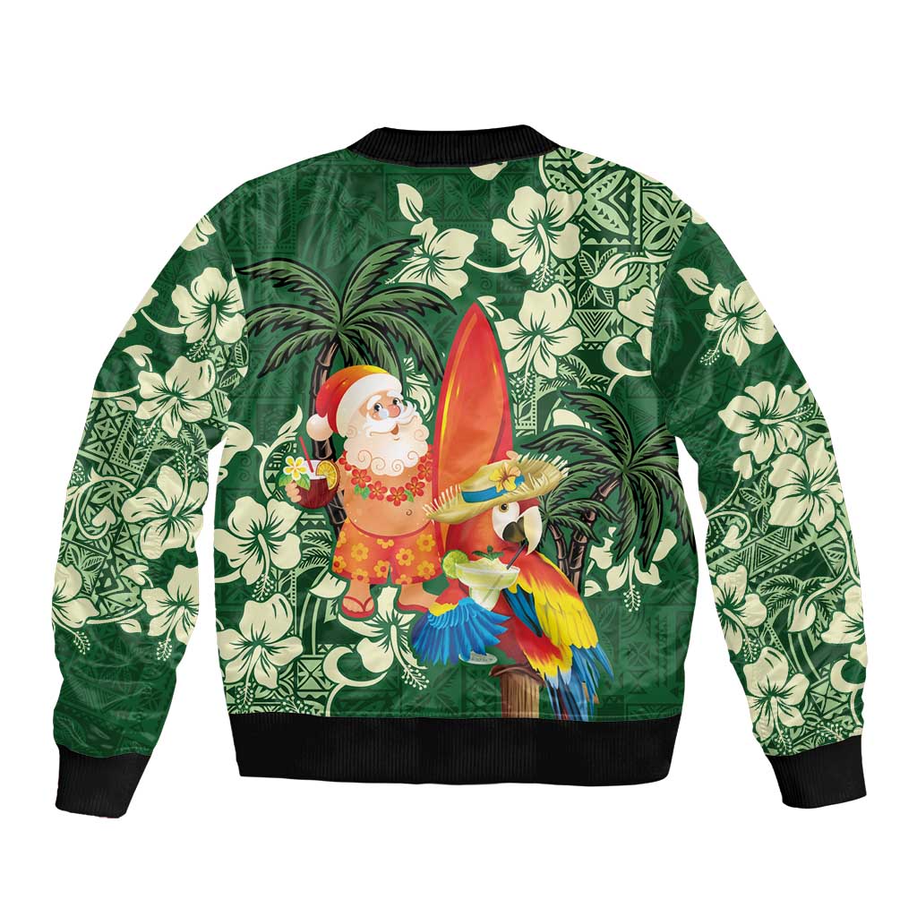 Moss Green Tropical Christmas Hawaii Tapa Sleeve Zip Bomber Jacket Aloha Santa Drink Party - Polynesian Pride