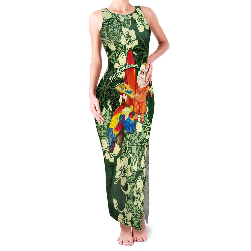 Moss Green Tropical Christmas Hawaii Tapa Tank Maxi Dress Aloha Santa Drink Party - Polynesian Pride