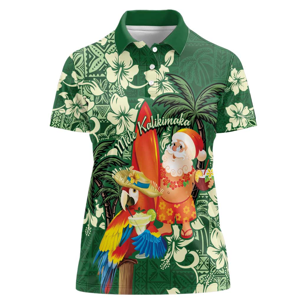 Moss Green Tropical Christmas Hawaii Tapa Women Polo Shirt Aloha Santa Drink Party - Polynesian Pride
