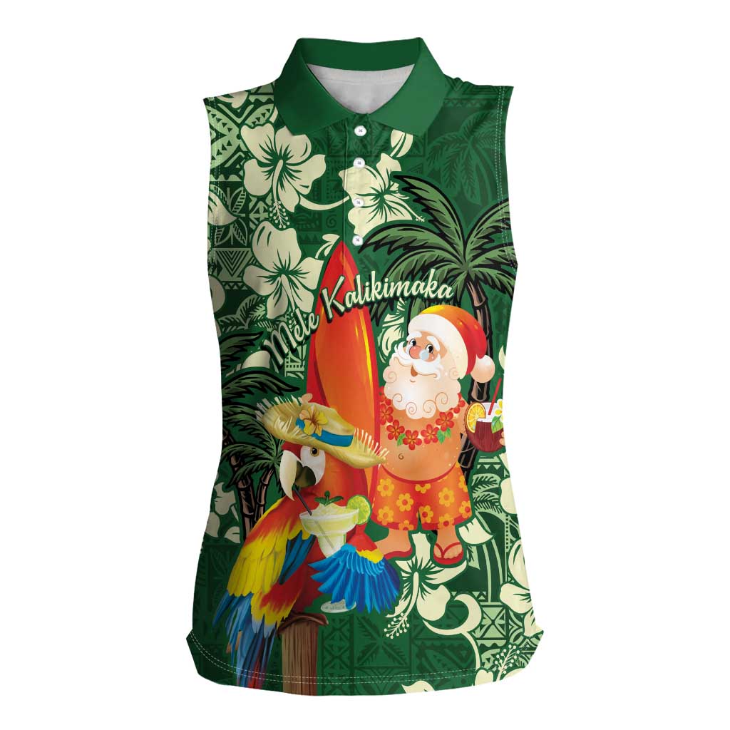 Moss Green Tropical Christmas Hawaii Tapa Women Sleeveless Polo Shirt Aloha Santa Drink Party - Polynesian Pride