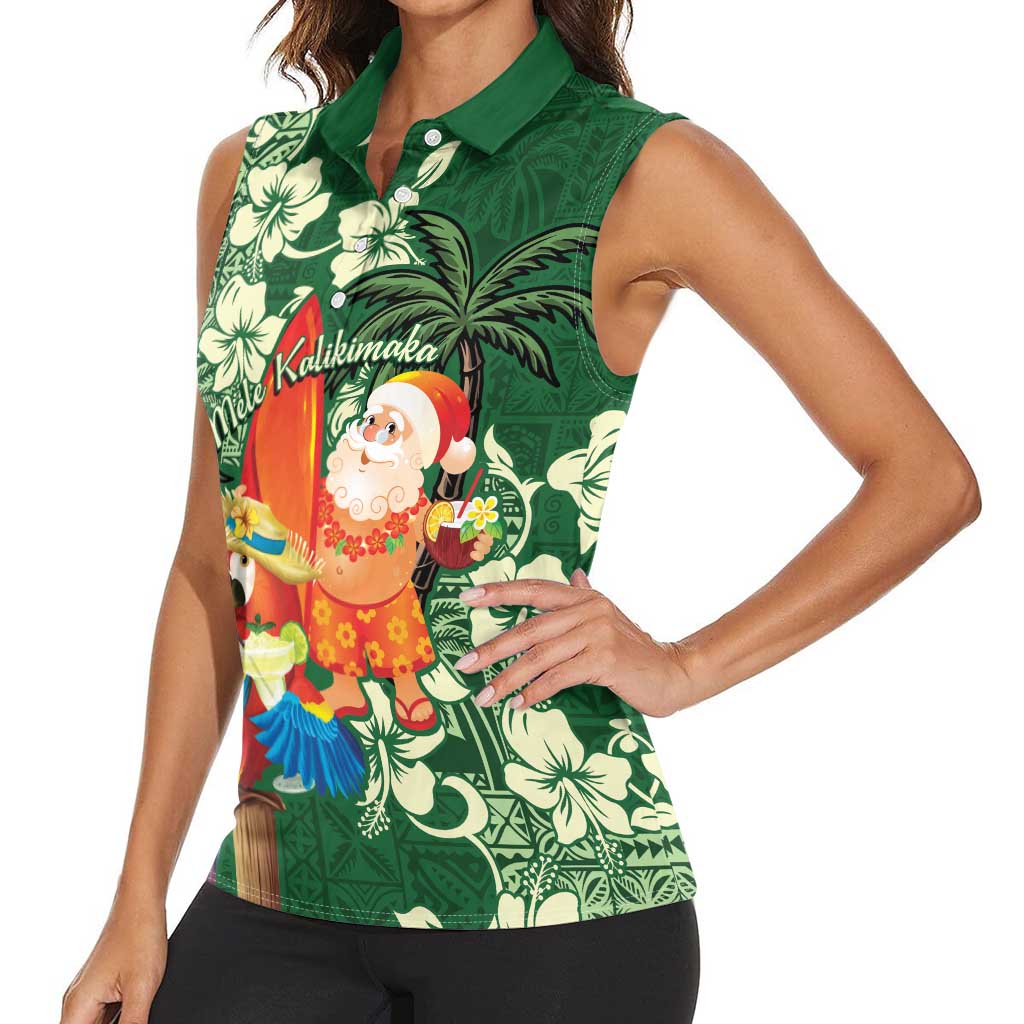 Moss Green Tropical Christmas Hawaii Tapa Women Sleeveless Polo Shirt Aloha Santa Drink Party - Polynesian Pride
