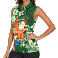 Moss Green Tropical Christmas Hawaii Tapa Women Sleeveless Polo Shirt Aloha Santa Drink Party - Polynesian Pride