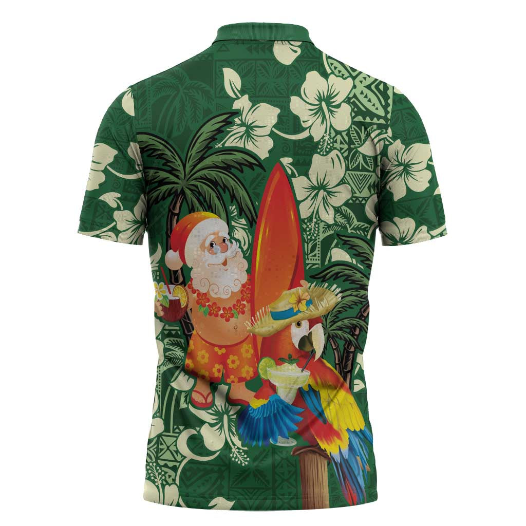 Moss Green Tropical Christmas Hawaii Tapa Zipper Polo Shirt Aloha Santa Drink Party - Polynesian Pride