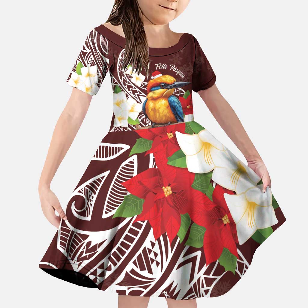 Felis Pasgua Guam Family Matching Long Sleeve Bodycon Dress and Hawaiian Shirt Christmas Sihek Kingfisher with Guasali LT7 Daughter's Dress Crimson - Polynesian Pride