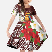 Felis Pasgua Guam Family Matching Long Sleeve Bodycon Dress and Hawaiian Shirt Christmas Sihek Kingfisher with Guasali LT7 Daughter's Dress Crimson - Polynesian Pride