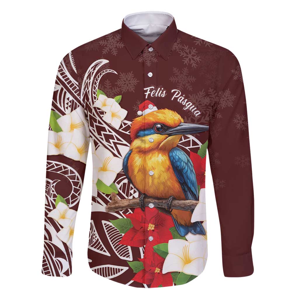 Felis Pasgua Guam Family Matching Long Sleeve Bodycon Dress and Hawaiian Shirt Christmas Sihek Kingfisher with Guasali LT7 Dad's Shirt - Long Sleeve Crimson - Polynesian Pride