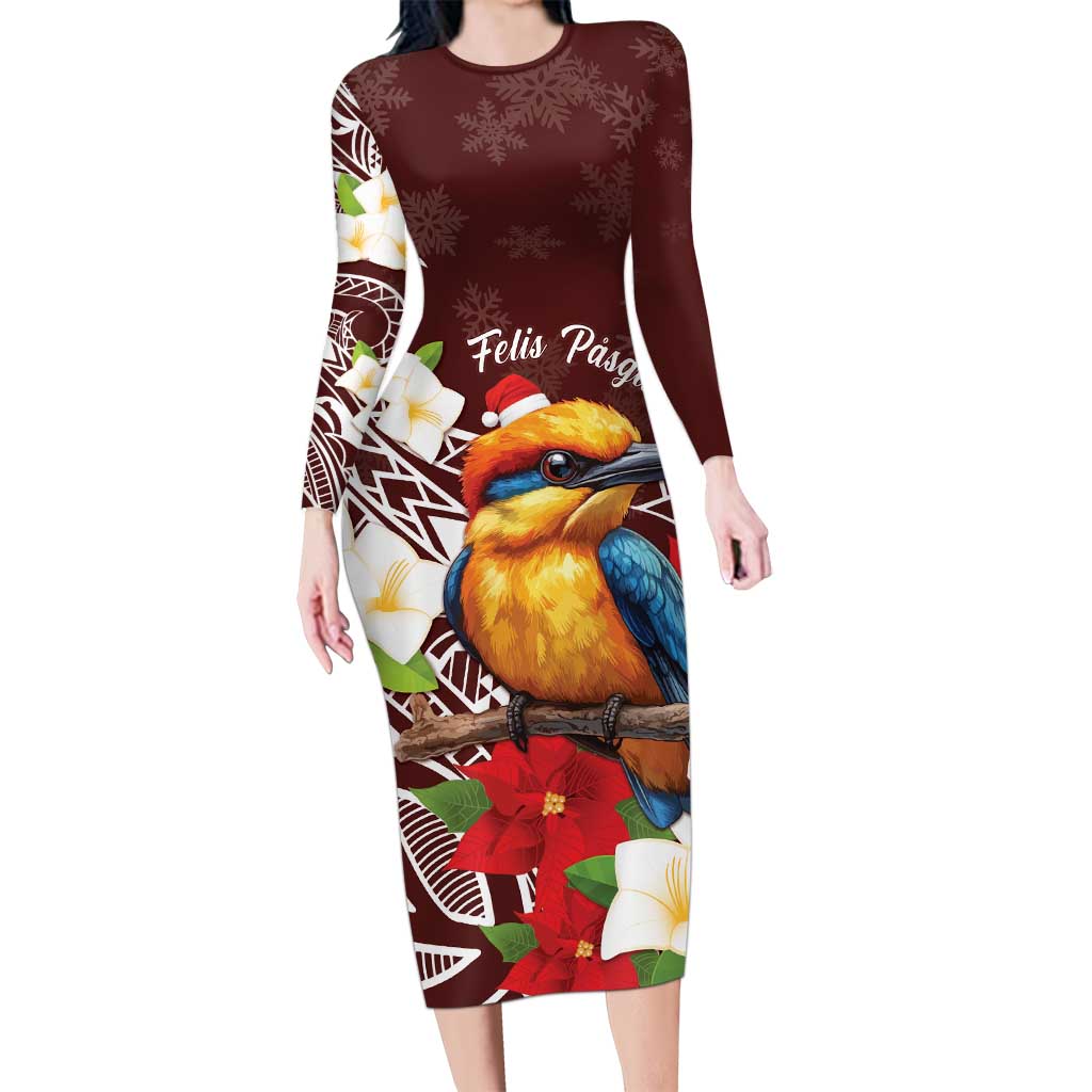 Felis Pasgua Guam Family Matching Long Sleeve Bodycon Dress and Hawaiian Shirt Christmas Sihek Kingfisher with Guasali LT7 Mom's Dress Crimson - Polynesian Pride