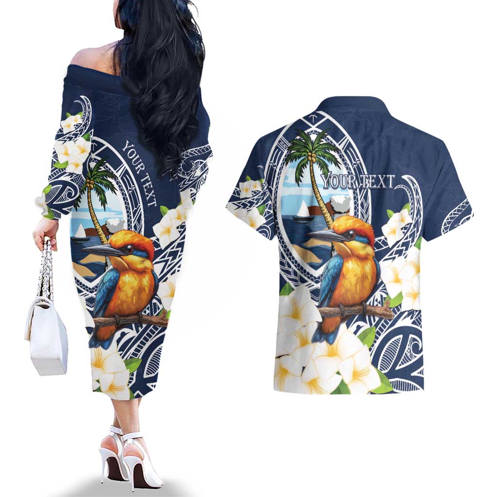 Hafa Adai Guam Couples Matching Off The Shoulder Long Sleeve Dress and Hawaiian Shirt Sihek Guam Kingfisher with Guasali