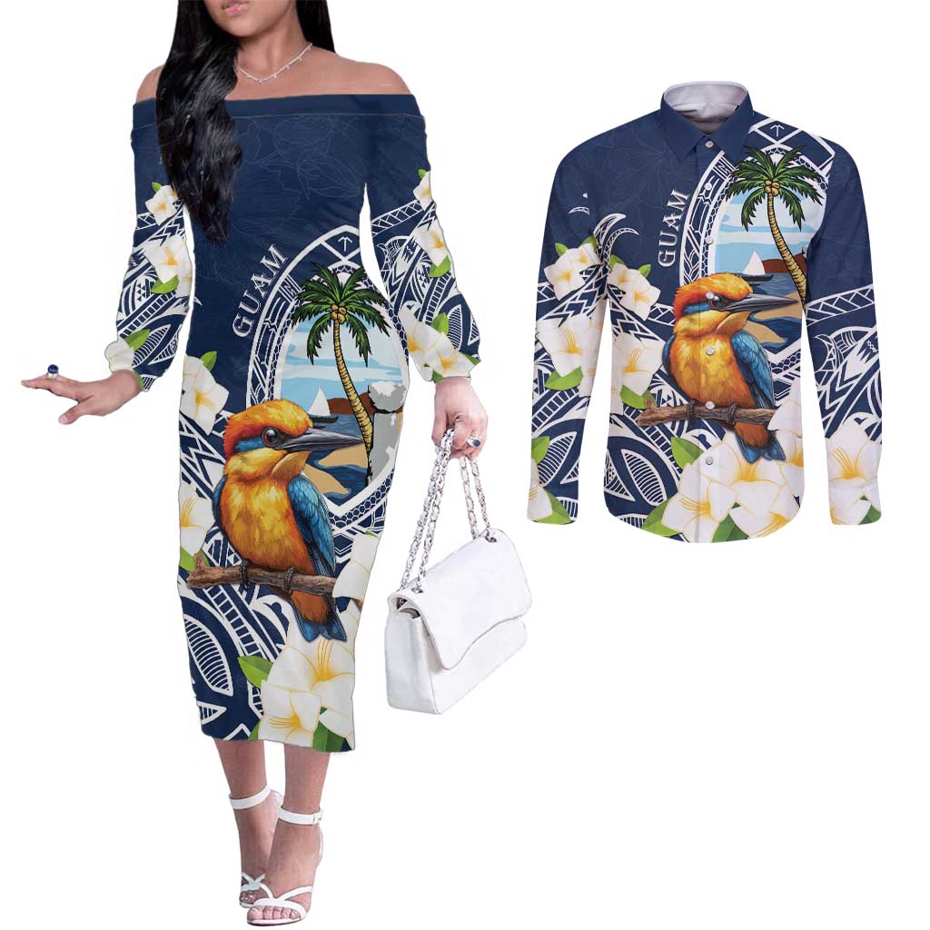 Hafa Adai Guam Couples Matching Off The Shoulder Long Sleeve Dress and Long Sleeve Button Shirt Sihek Guam Kingfisher with Guasali
