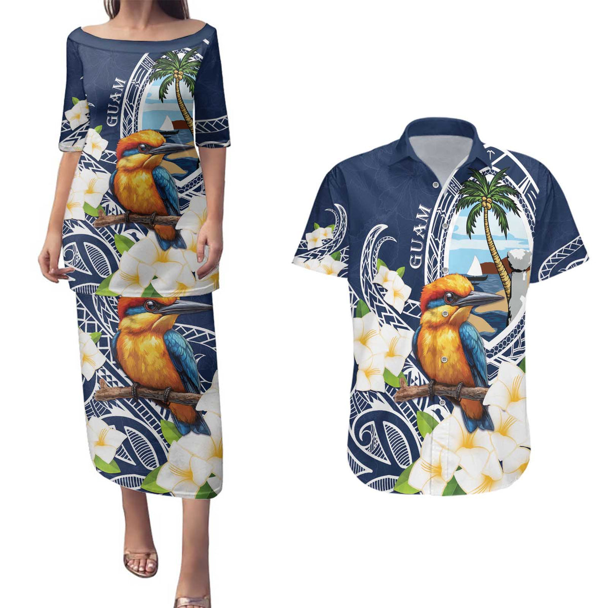 Hafa Adai Guam Couples Matching Puletasi and Hawaiian Shirt Sihek Guam Kingfisher with Guasali