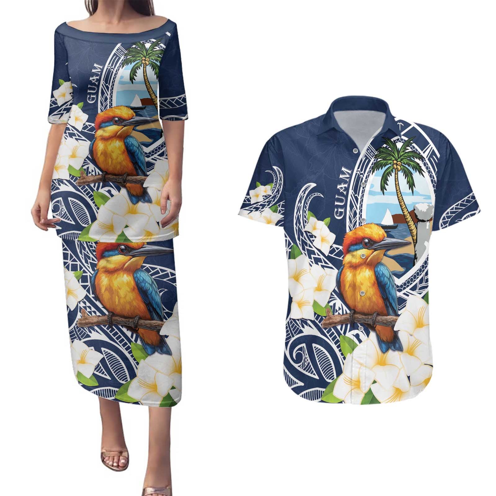 Hafa Adai Guam Couples Matching Puletasi and Hawaiian Shirt Sihek Guam Kingfisher with Guasali