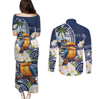 Hafa Adai Guam Couples Matching Puletasi and Long Sleeve Button Shirt Sihek Guam Kingfisher with Guasali