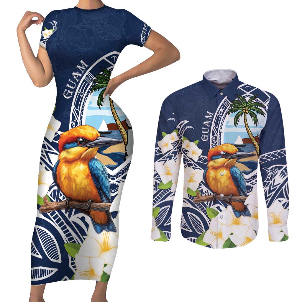 Hafa Adai Guam Couples Matching Short Sleeve Bodycon Dress and Long Sleeve Button Shirt Sihek Guam Kingfisher with Guasali