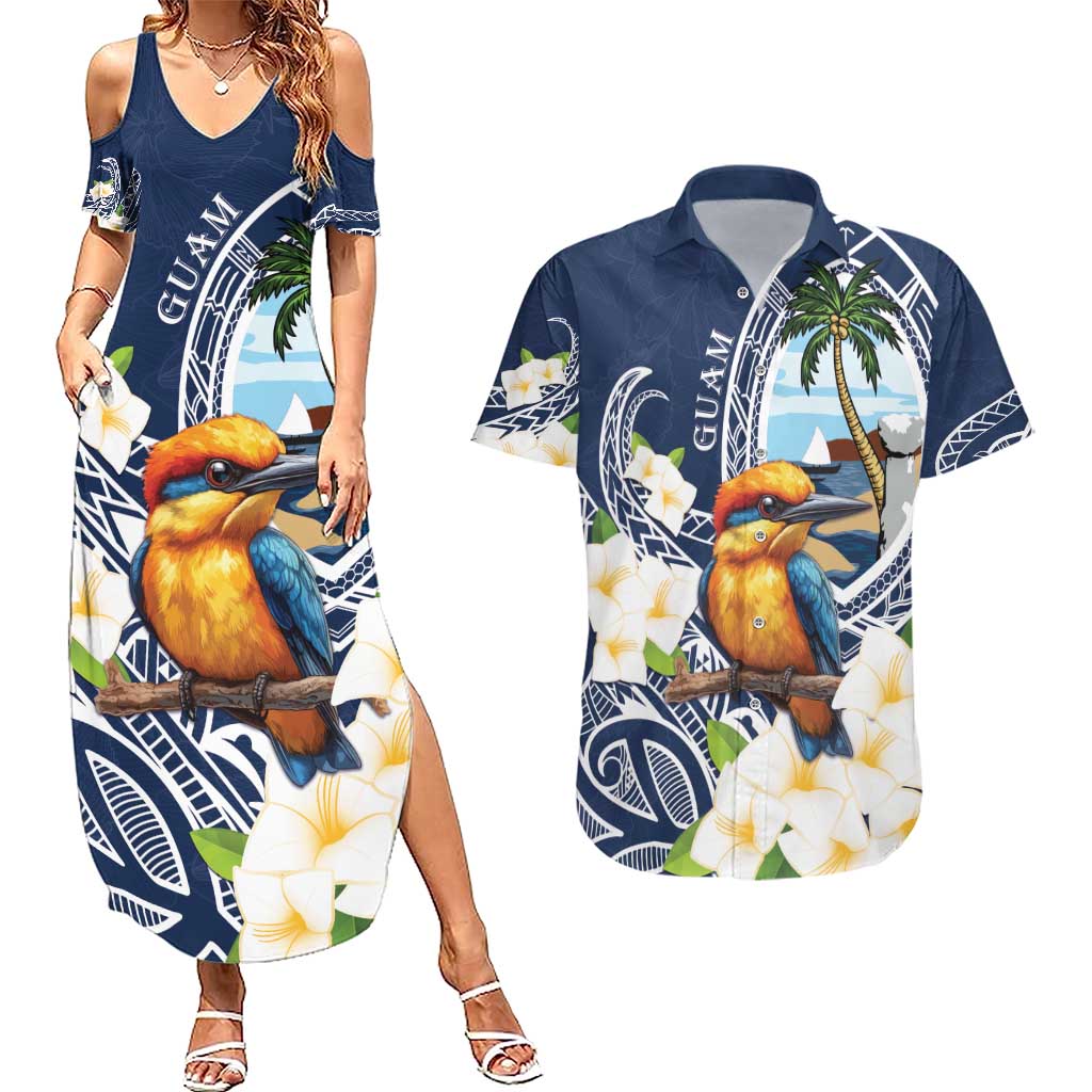 Hafa Adai Guam Couples Matching Summer Maxi Dress and Hawaiian Shirt Sihek Guam Kingfisher with Guasali