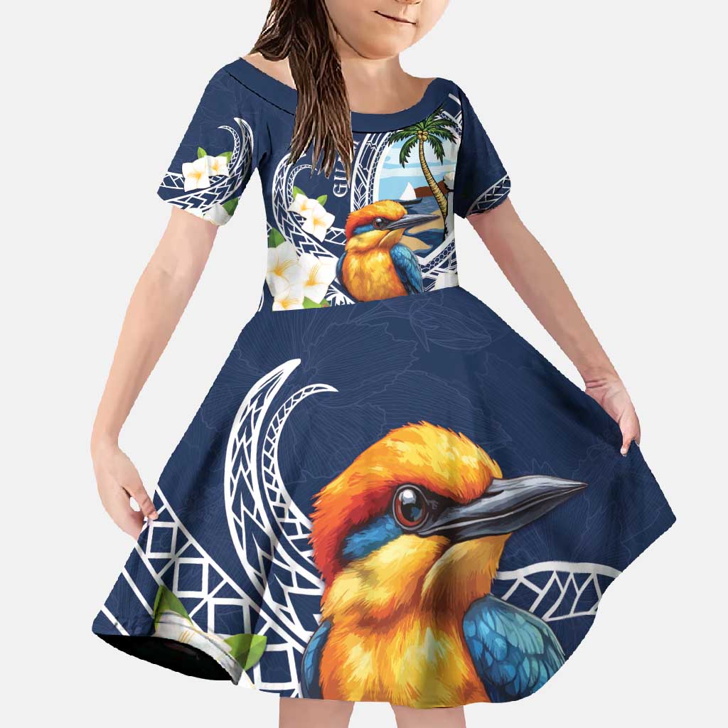 Hafa Adai Guam Family Matching Long Sleeve Bodycon Dress and Hawaiian Shirt Sihek Guam Kingfisher with Guasali LT7 Daughter's Dress Navy Blue - Polynesian Pride