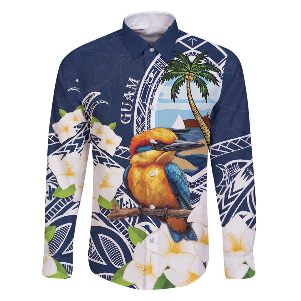 Hafa Adai Guam Family Matching Long Sleeve Bodycon Dress and Hawaiian Shirt Sihek Guam Kingfisher with Guasali LT7 Dad's Shirt - Long Sleeve Navy Blue - Polynesian Pride