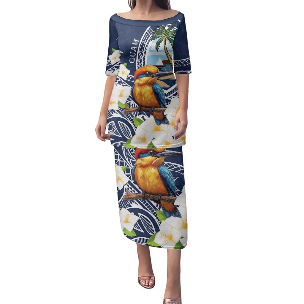 Hafa Adai Guam Family Matching Puletasi and Hawaiian Shirt Sihek Guam Kingfisher with Guasali LT7 Mom's Dress Navy Blue - Polynesian Pride
