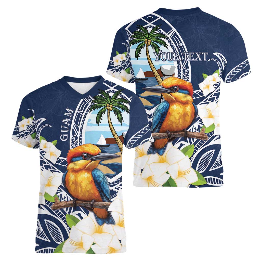 Hafa Adai Guam Women V-Neck T-Shirt Sihek Guam Kingfisher with Guasali