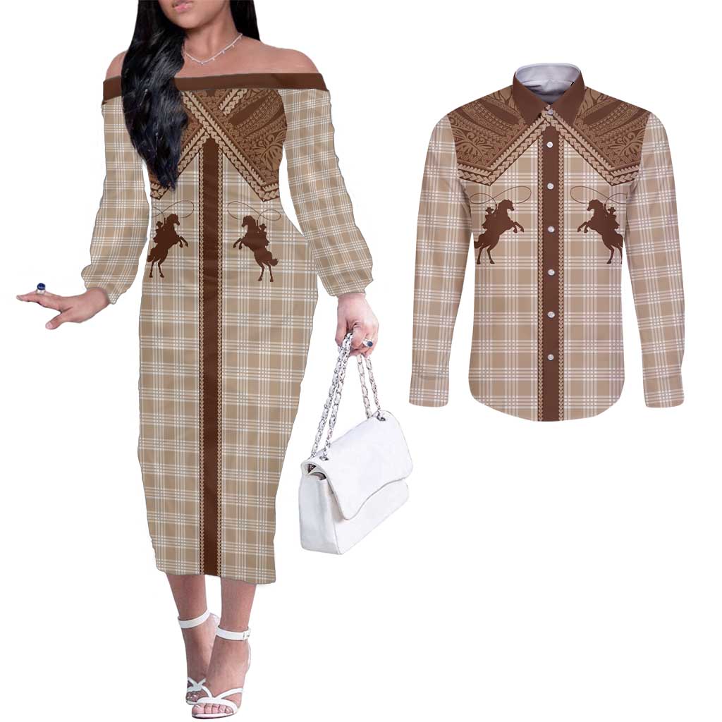 Aloha Hawaii Cowboys Paniolo Couples Matching Off The Shoulder Long Sleeve Dress and Long Sleeve Button Shirt Beige Palaka - Polynesian Pride