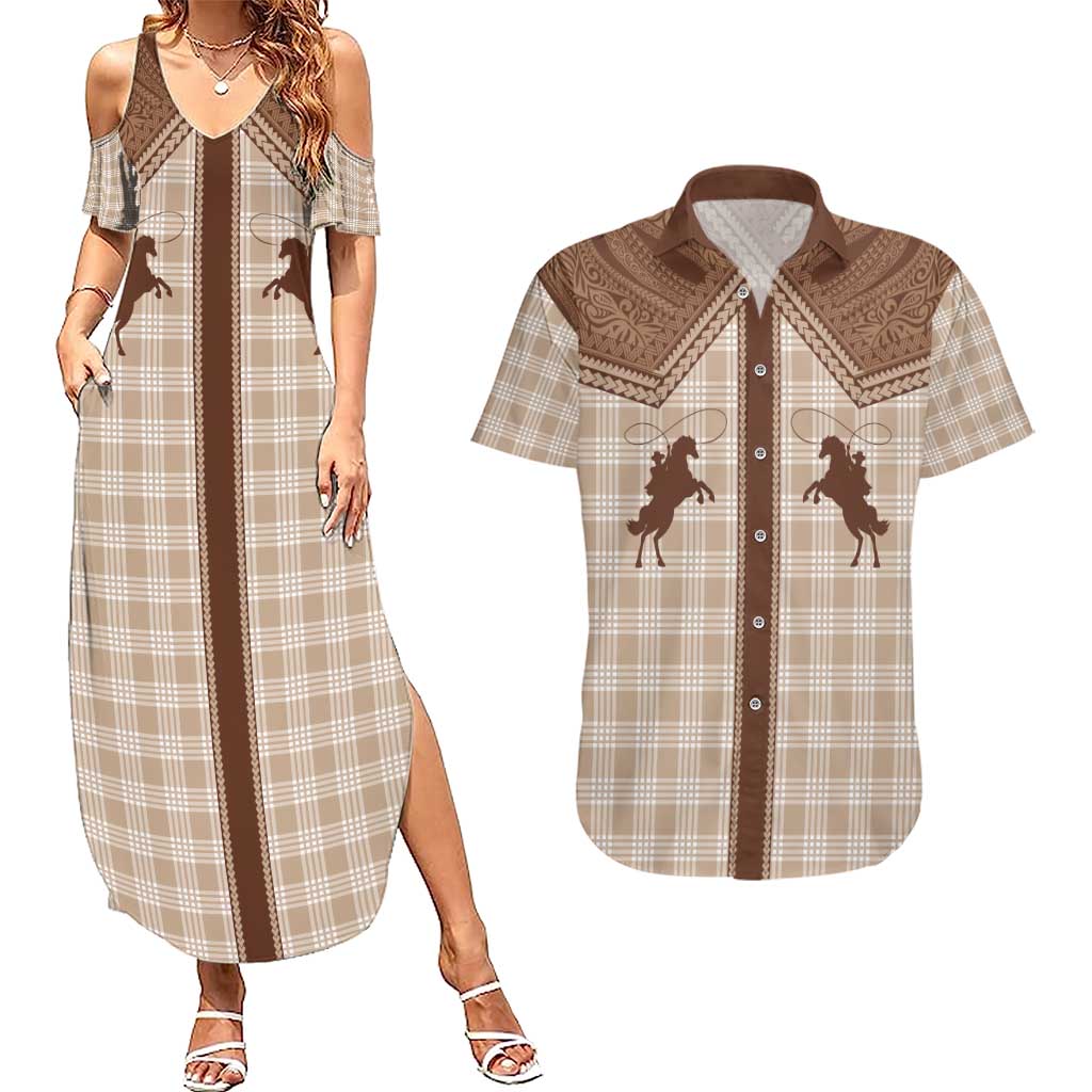Aloha Hawaii Cowboys Paniolo Couples Matching Summer Maxi Dress and Hawaiian Shirt Beige Palaka - Polynesian Pride