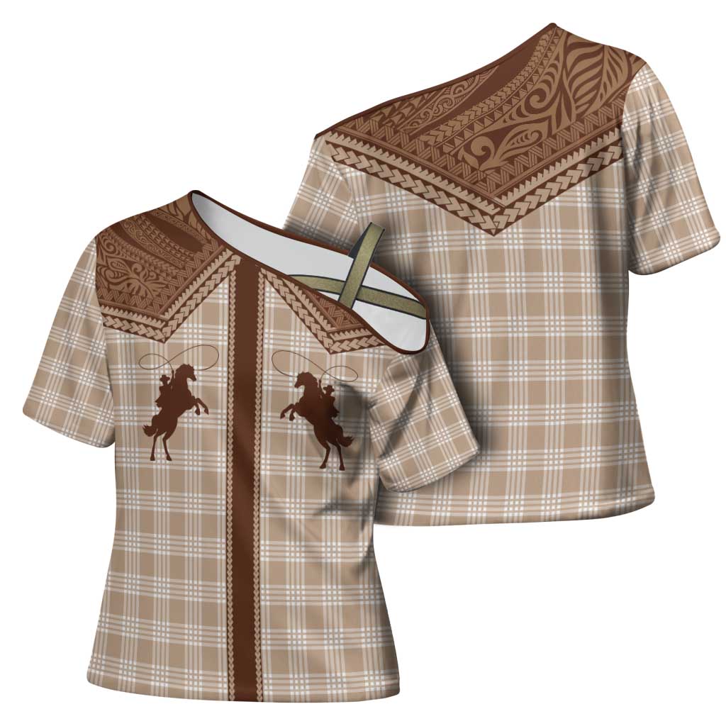Aloha Hawaii Cowboys Paniolo Cross Shoulder Shirt Beige Palaka - Polynesian Pride