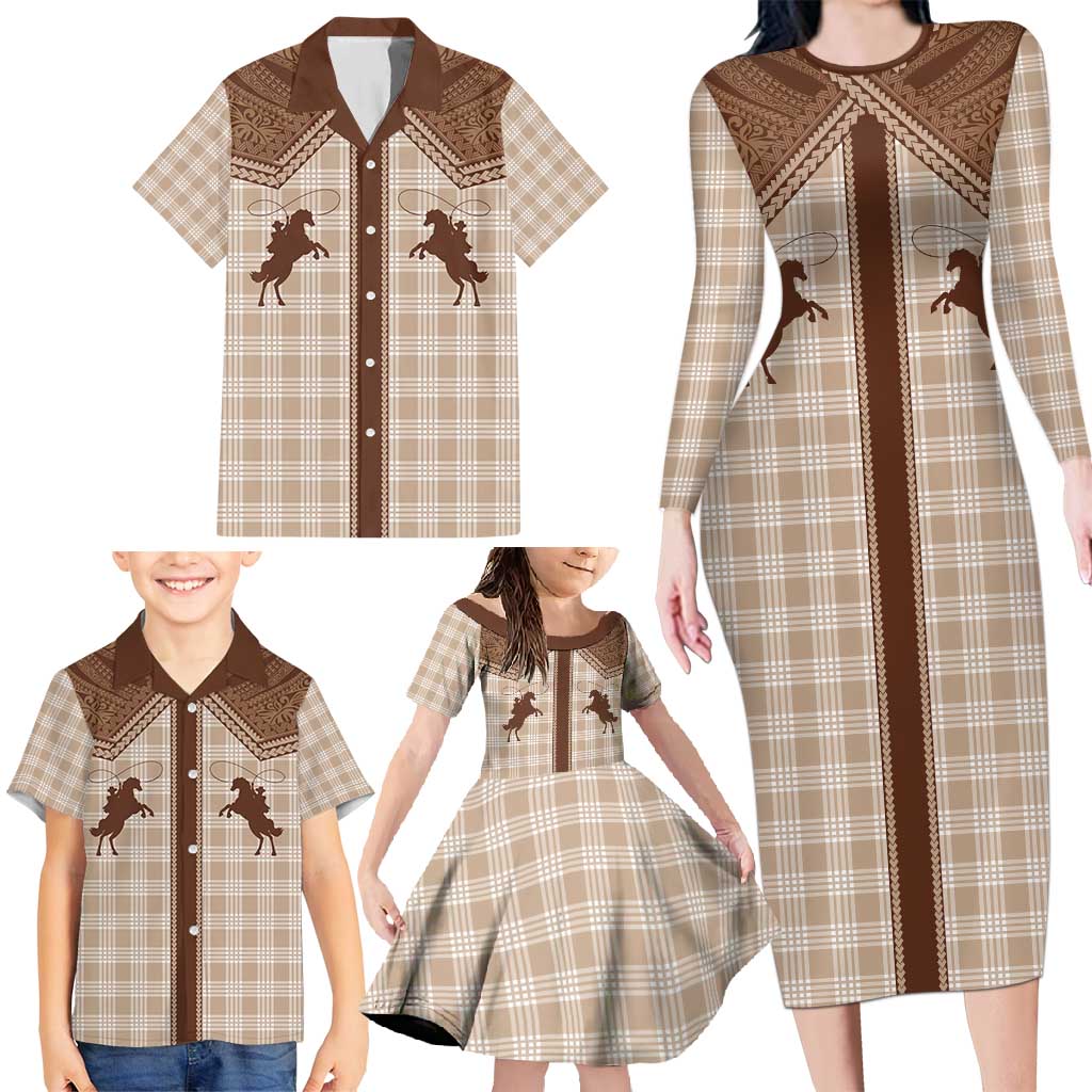 Aloha Hawaii Cowboys Paniolo Family Matching Long Sleeve Bodycon Dress and Hawaiian Shirt Beige Palaka - Polynesian Pride