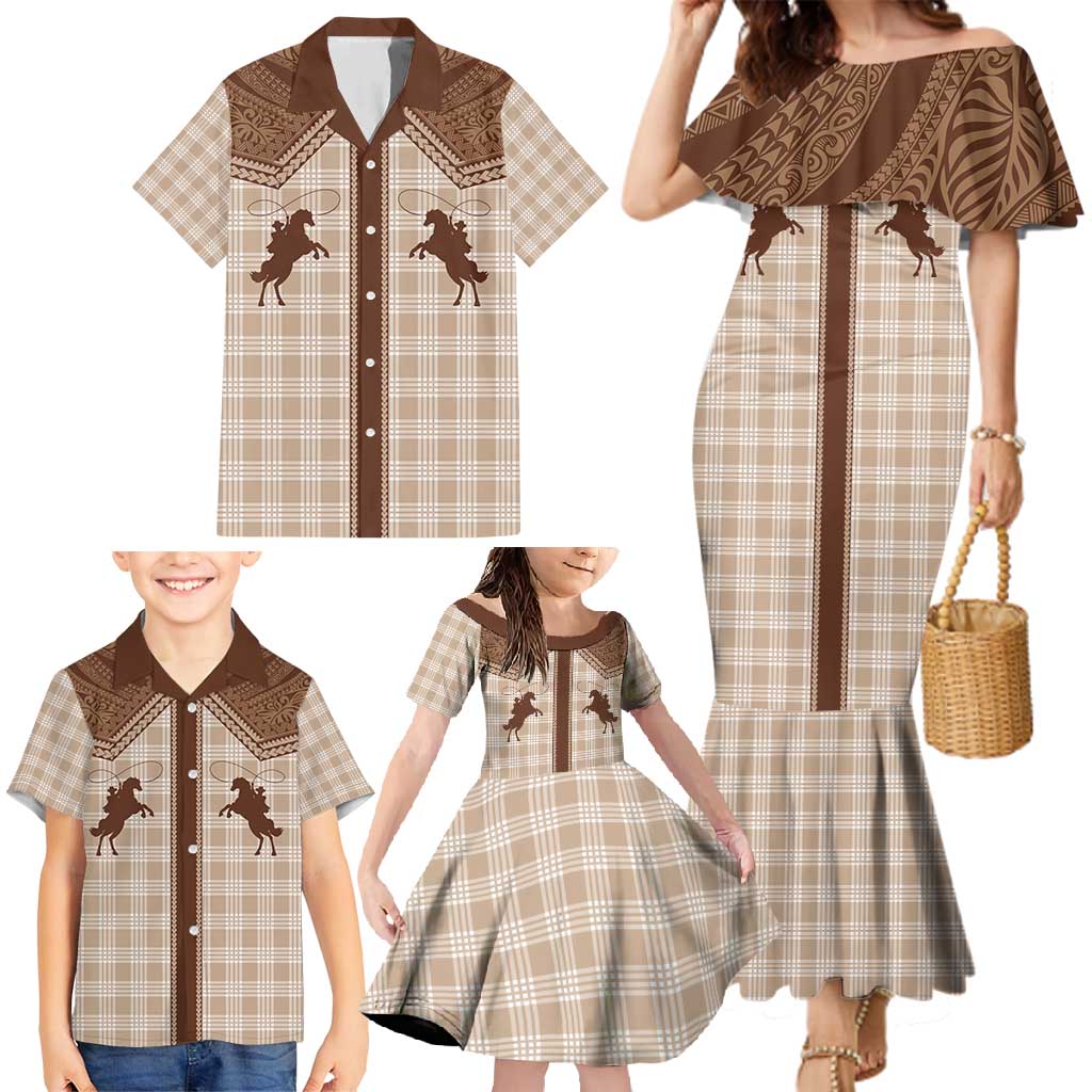 Aloha Hawaii Cowboys Paniolo Family Matching Mermaid Dress and Hawaiian Shirt Beige Palaka - Polynesian Pride