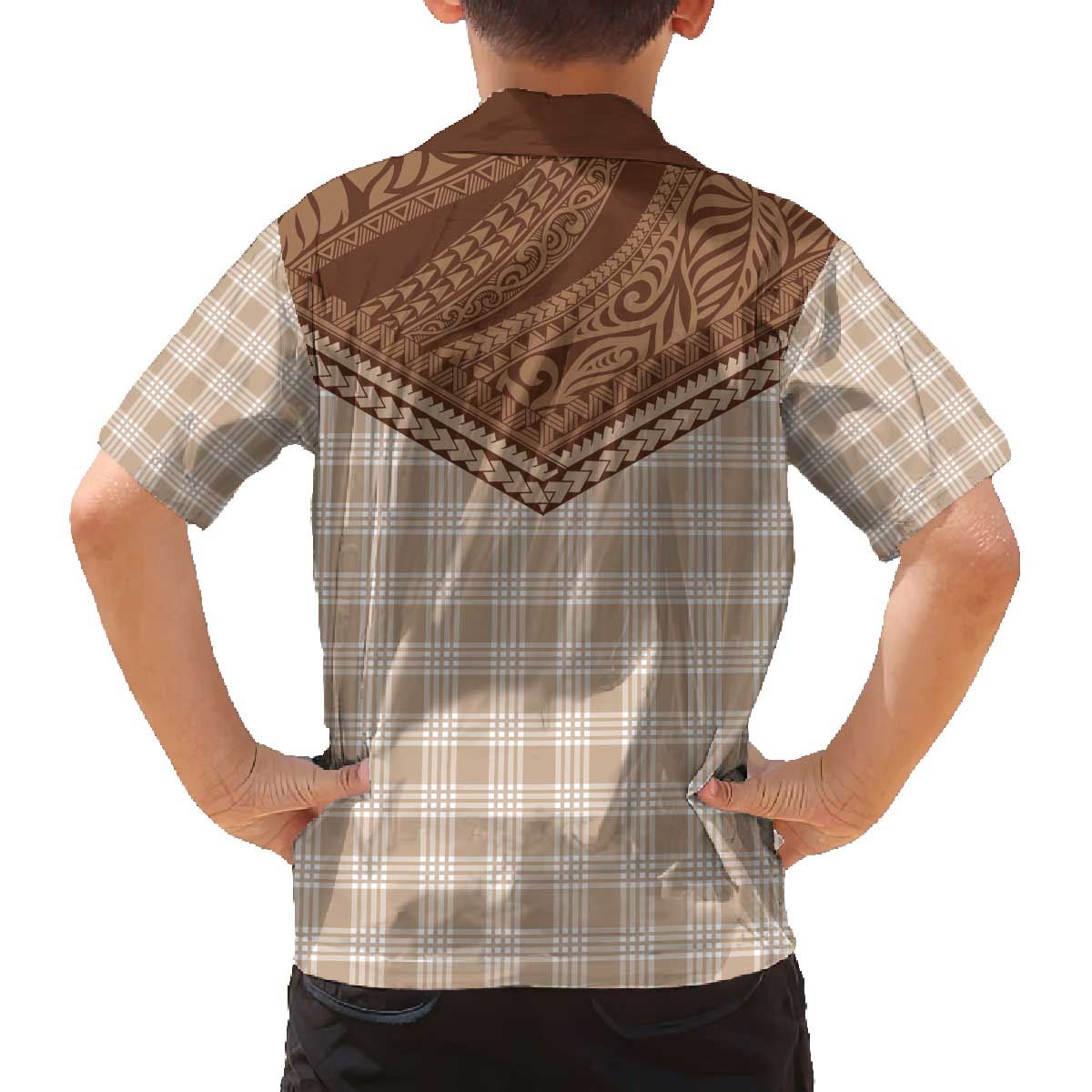 Aloha Hawaii Cowboys Paniolo Family Matching Off The Shoulder Long Sleeve Dress and Hawaiian Shirt Beige Palaka - Polynesian Pride