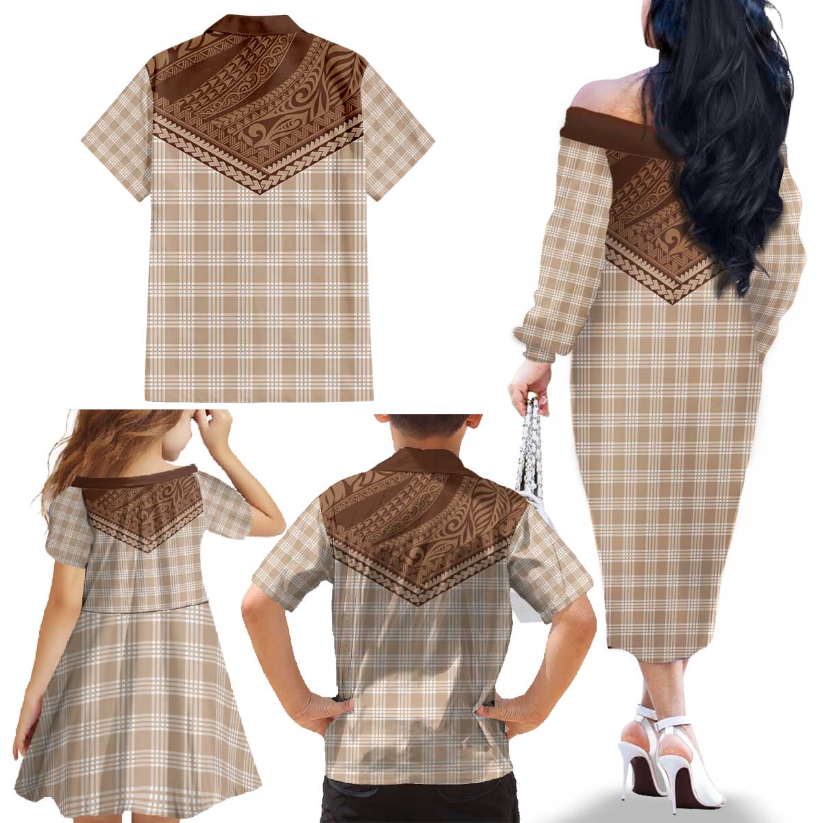 Aloha Hawaii Cowboys Paniolo Family Matching Off The Shoulder Long Sleeve Dress and Hawaiian Shirt Beige Palaka - Polynesian Pride