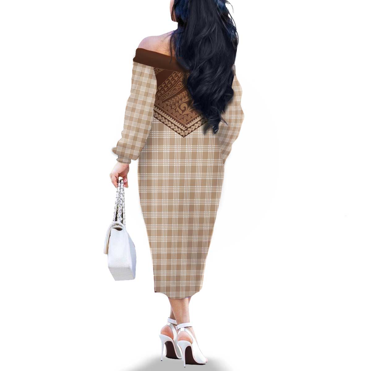 Aloha Hawaii Cowboys Paniolo Family Matching Off The Shoulder Long Sleeve Dress and Hawaiian Shirt Beige Palaka - Polynesian Pride