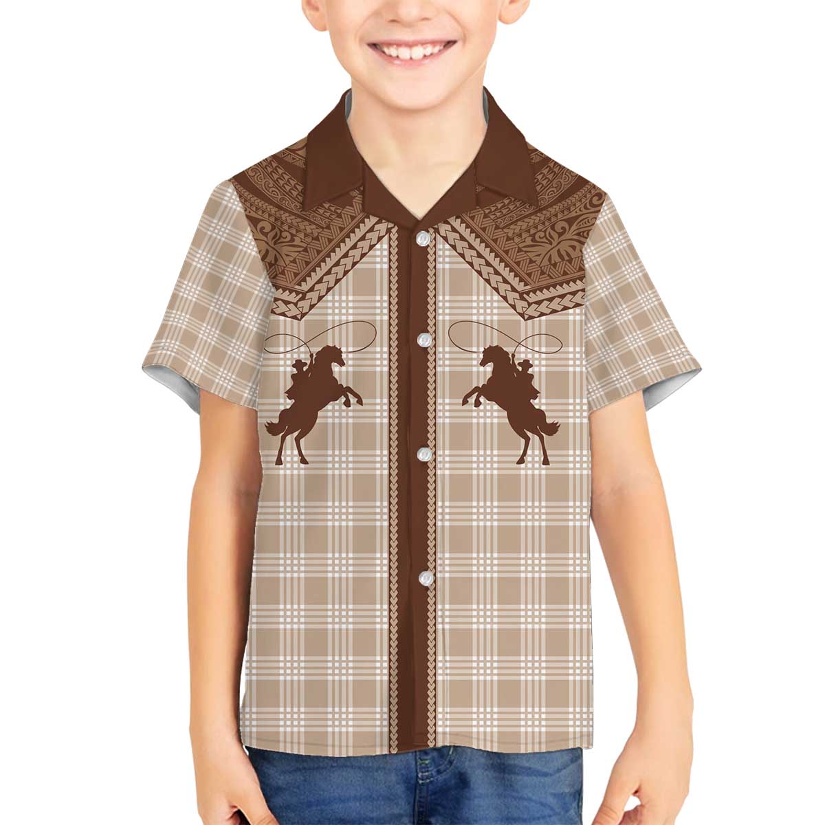 Aloha Hawaii Cowboys Paniolo Family Matching Off The Shoulder Long Sleeve Dress and Hawaiian Shirt Beige Palaka - Polynesian Pride