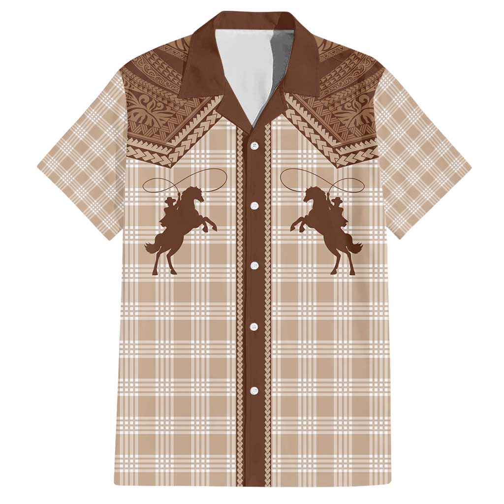 Aloha Hawaii Cowboys Paniolo Family Matching Short Sleeve Bodycon Dress and Hawaiian Shirt Beige Palaka - Polynesian Pride