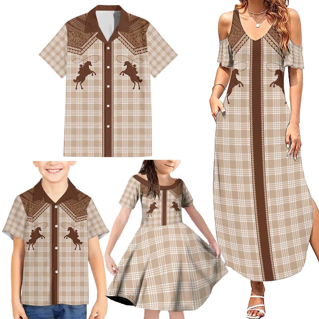 Aloha Hawaii Cowboys Paniolo Family Matching Summer Maxi Dress and Hawaiian Shirt Beige Palaka - Polynesian Pride