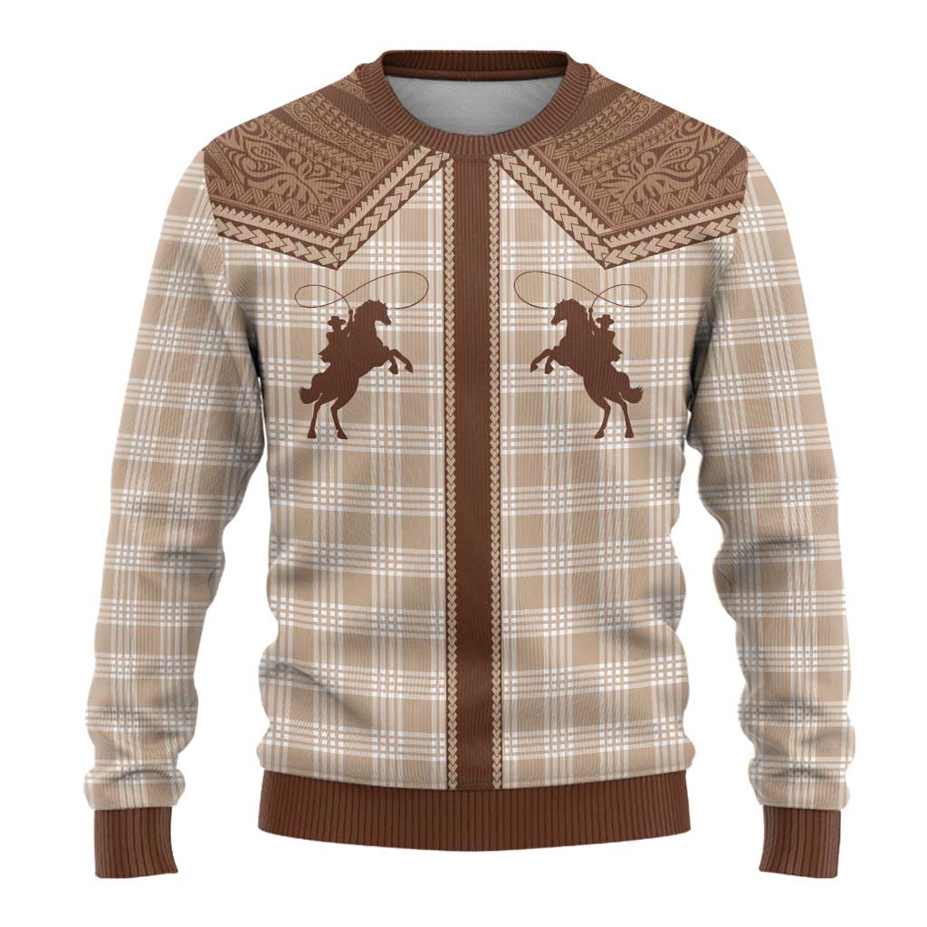 Aloha Hawaii Cowboys Paniolo Ugly Christmas Sweater Beige Palaka - Polynesian Pride