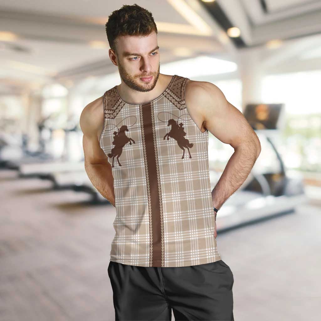 Aloha Hawaii Cowboys Paniolo Men Tank Top Beige Palaka - Polynesian Pride