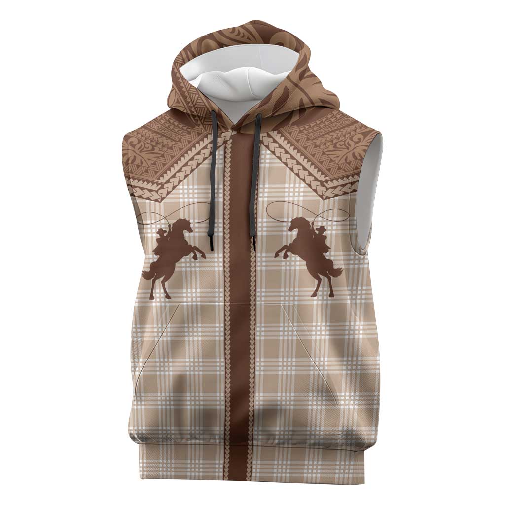Aloha Hawaii Cowboys Paniolo Sleeveless Hoodie Beige Palaka - Polynesian Pride