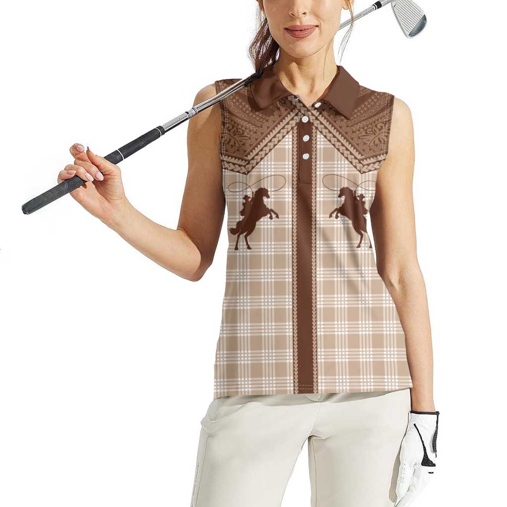 Aloha Hawaii Cowboys Paniolo Women Sleeveless Polo Shirt Beige Palaka - Polynesian Pride