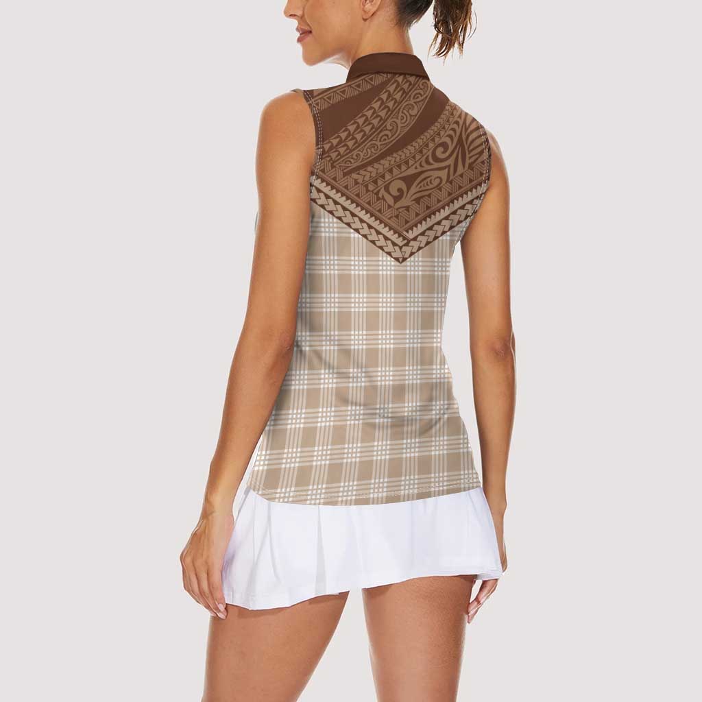 Aloha Hawaii Cowboys Paniolo Women Sleeveless Polo Shirt Beige Palaka - Polynesian Pride