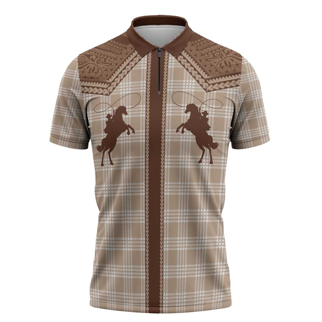 Aloha Hawaii Cowboys Paniolo Zipper Polo Shirt Beige Palaka - Polynesian Pride
