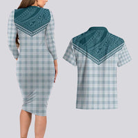 Aloha Hawaii Cowboys Paniolo Couples Matching Long Sleeve Bodycon Dress and Hawaiian Shirt Teal Palaka LT7 - Polynesian Pride