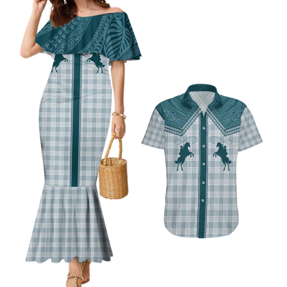 Aloha Hawaii Cowboys Paniolo Couples Matching Mermaid Dress and Hawaiian Shirt Teal Palaka LT7 Teal - Polynesian Pride