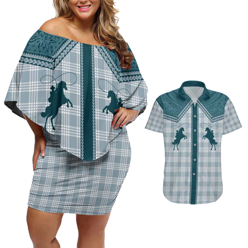 Aloha Hawaii Cowboys Paniolo Couples Matching Off Shoulder Short Dress and Hawaiian Shirt Teal Palaka - Polynesian Pride