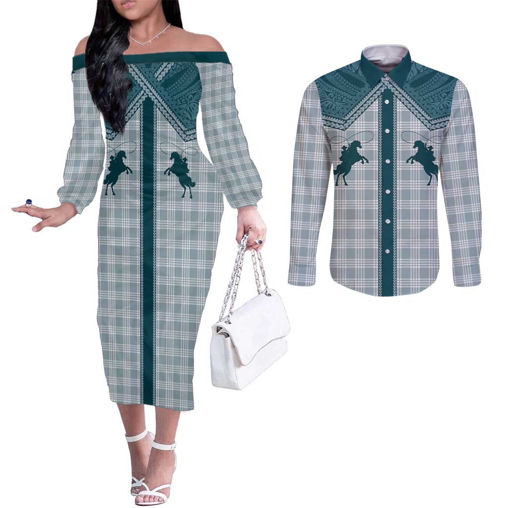 Aloha Hawaii Cowboys Paniolo Couples Matching Off The Shoulder Long Sleeve Dress and Long Sleeve Button Shirt Teal Palaka - Polynesian Pride