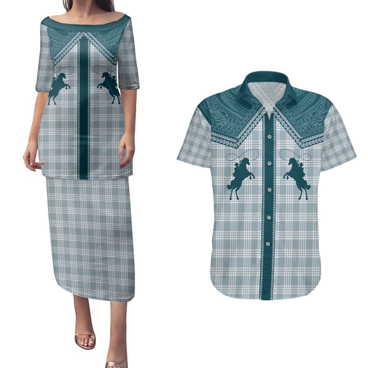 Aloha Hawaii Cowboys Paniolo Couples Matching Puletasi and Hawaiian Shirt Teal Palaka - Polynesian Pride