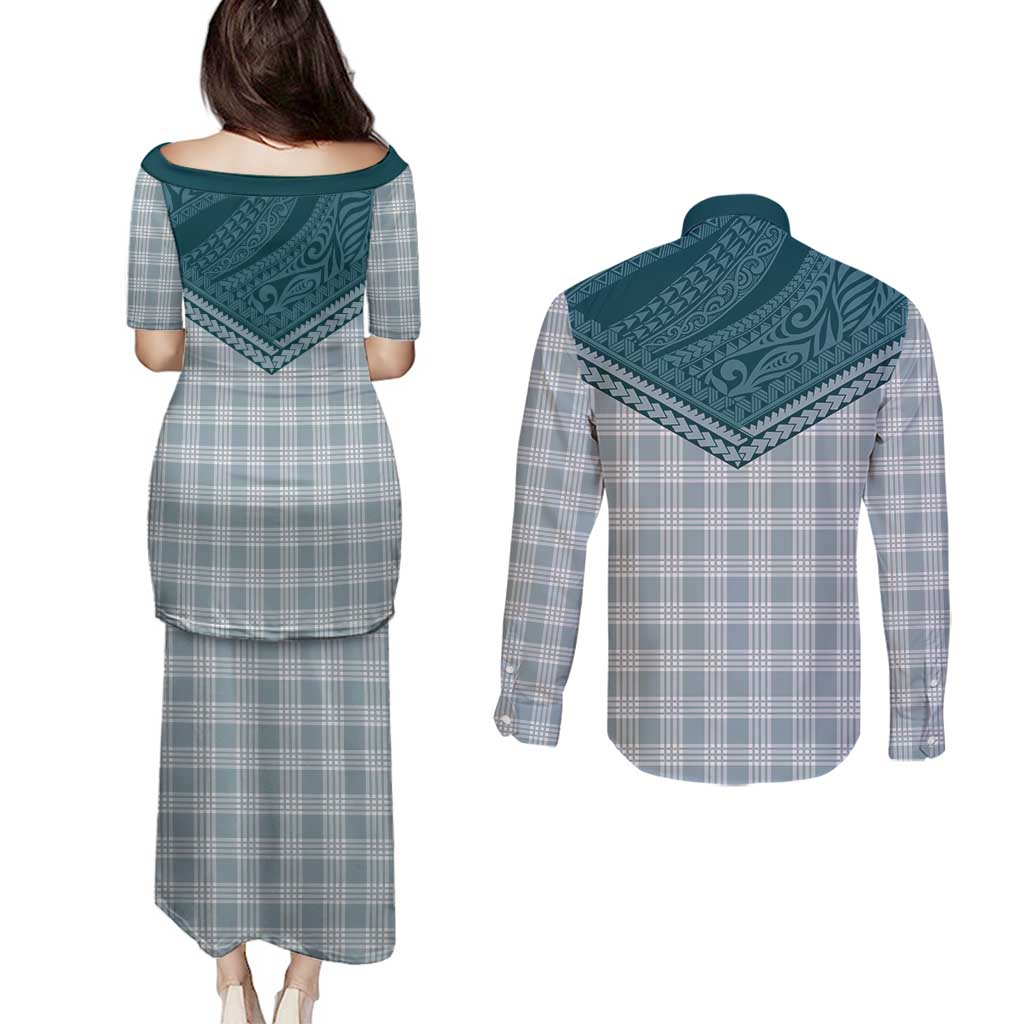 Aloha Hawaii Cowboys Paniolo Couples Matching Puletasi and Long Sleeve Button Shirt Teal Palaka - Polynesian Pride