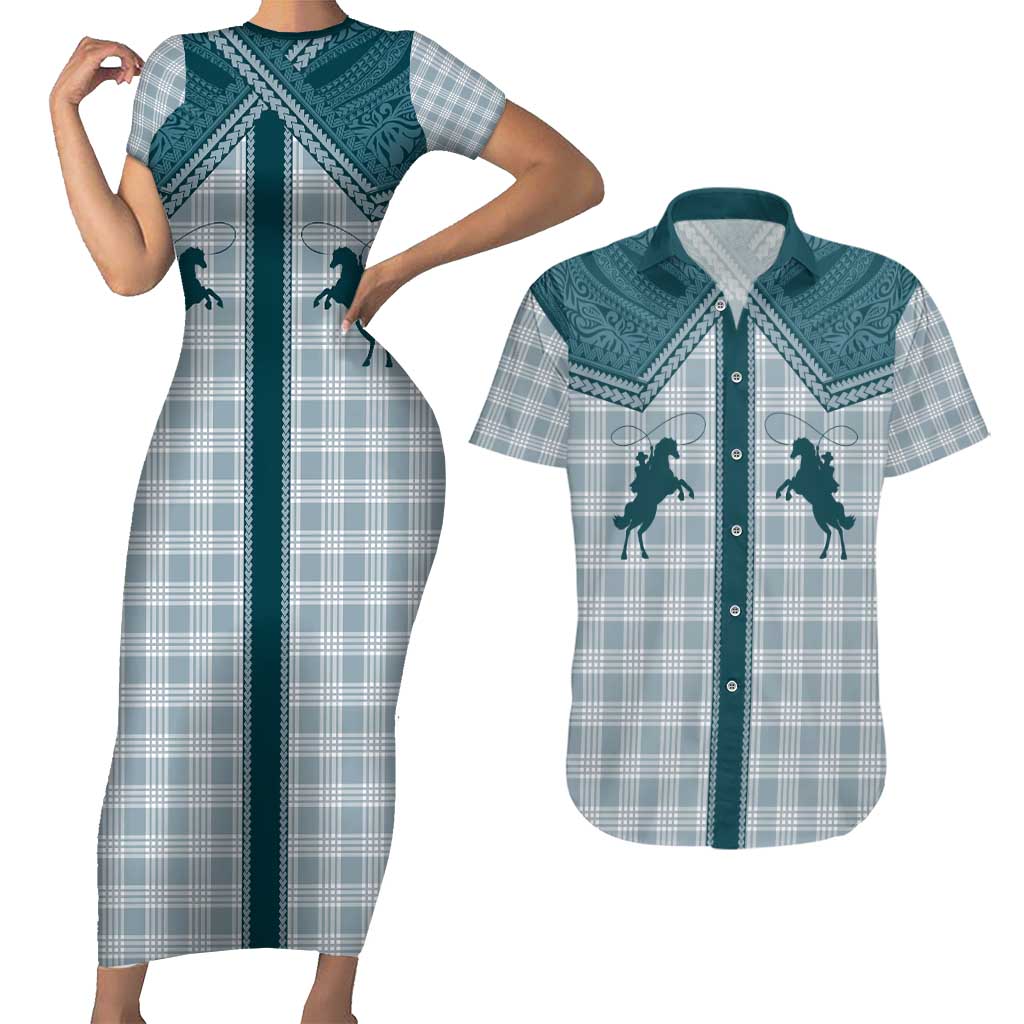 Aloha Hawaii Cowboys Paniolo Couples Matching Short Sleeve Bodycon Dress and Hawaiian Shirt Teal Palaka LT7 Teal - Polynesian Pride
