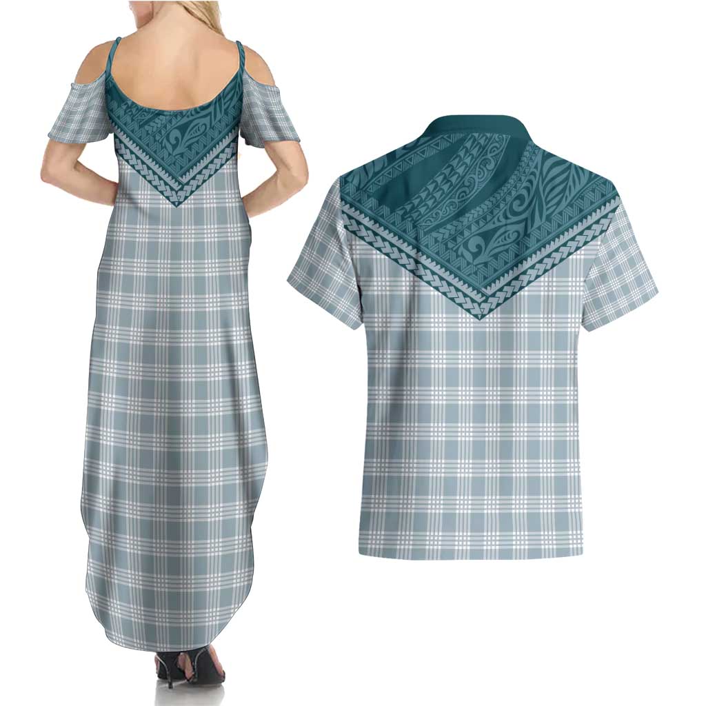 Aloha Hawaii Cowboys Paniolo Couples Matching Summer Maxi Dress and Hawaiian Shirt Teal Palaka - Polynesian Pride