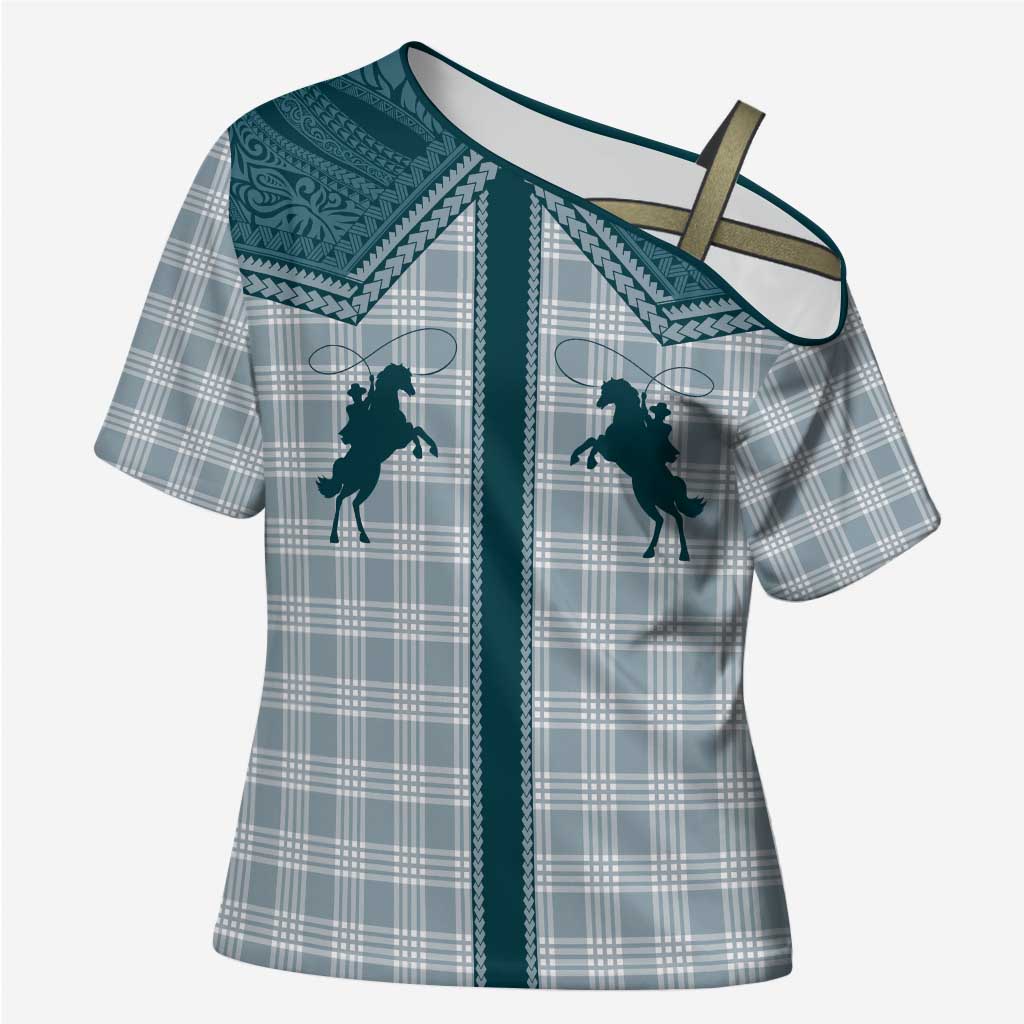 Aloha Hawaii Cowboys Paniolo Cross Shoulder Shirt Teal Palaka - Polynesian Pride