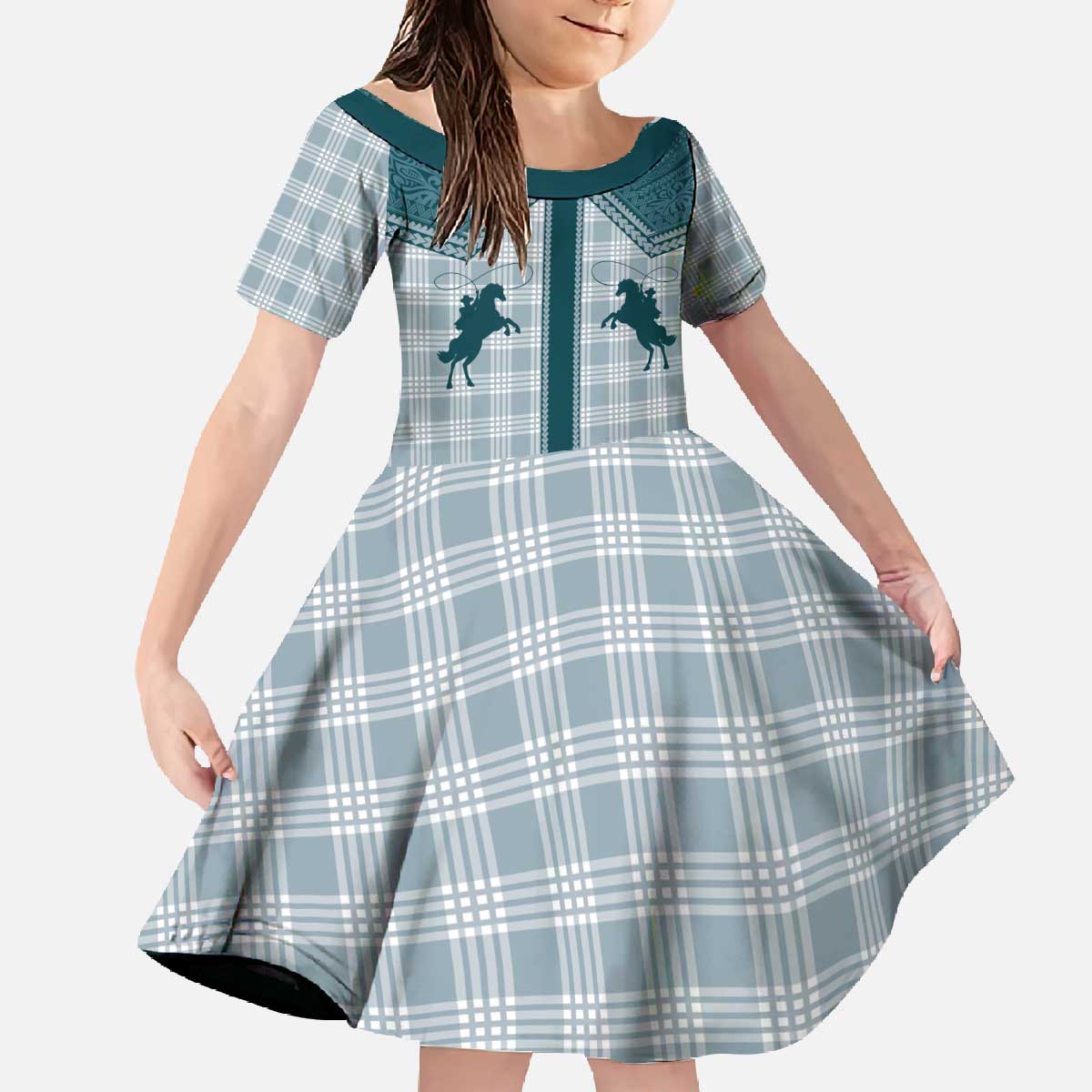 Aloha Hawaii Cowboys Paniolo Family Matching Off The Shoulder Long Sleeve Dress and Hawaiian Shirt Teal Palaka - Polynesian Pride