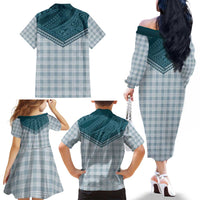 Aloha Hawaii Cowboys Paniolo Family Matching Off The Shoulder Long Sleeve Dress and Hawaiian Shirt Teal Palaka - Polynesian Pride